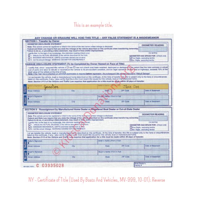 This is an Example of New York Certificate of Title (Used By Boats And Vehicles, MV-999, 10-01) Reverse View | Kids Car Donations